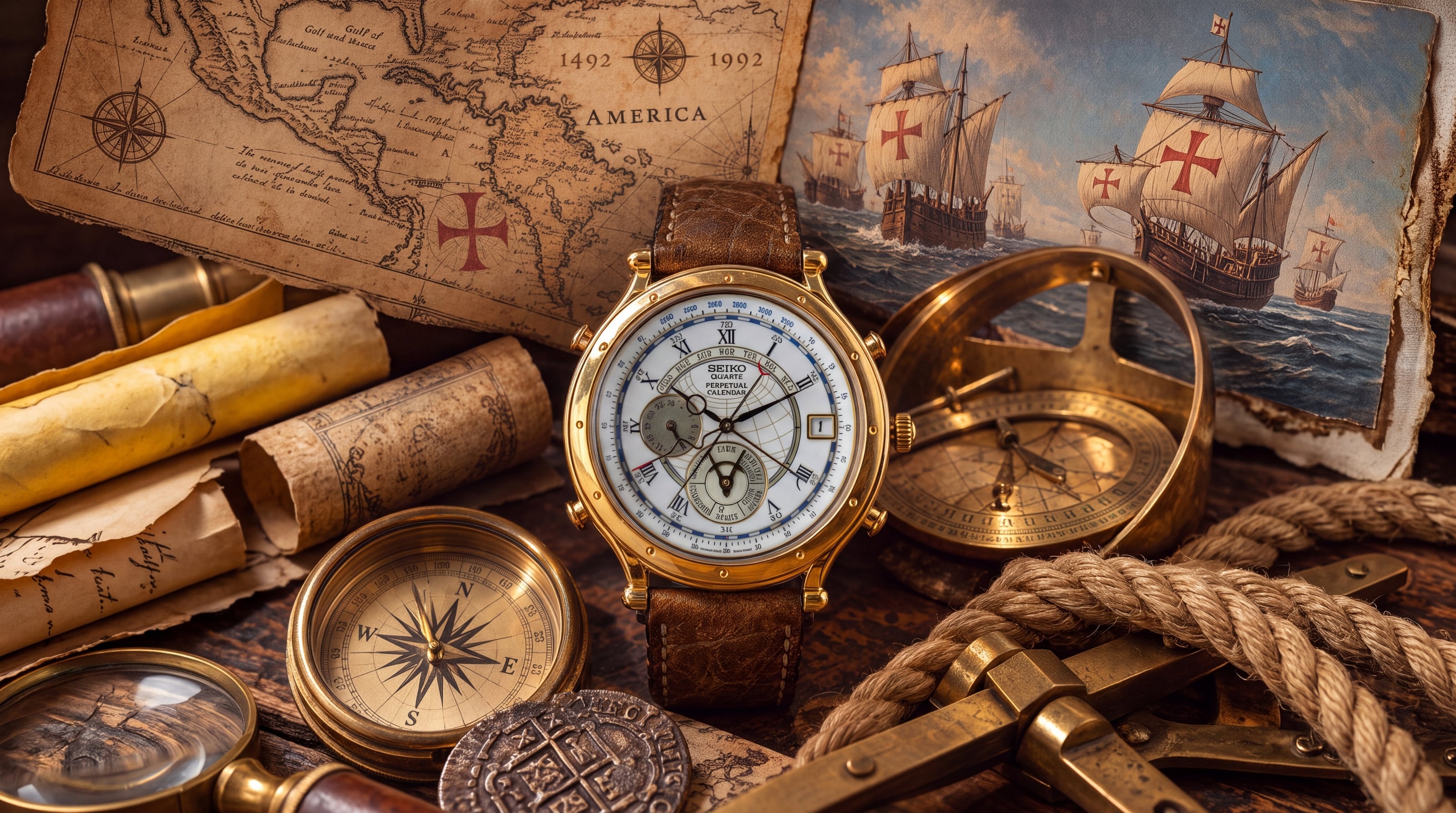 Illustration of a gold vintage perpetual calendar watch among antique maps, compasses and a painting of sailing ships